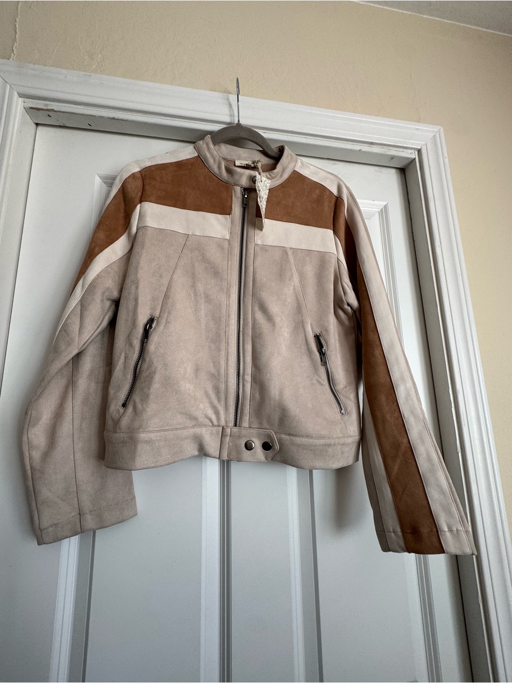 New Mystree Small Suede Color Block Tan Brown Beige Moto Jacket 60861